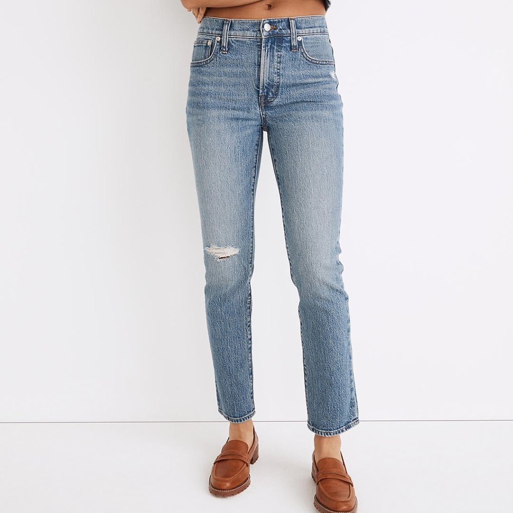 NWT Madewell Mid-Rise Perfect Vintage Jean Sz 25 Ainsdale Wash Knee Rip Edition